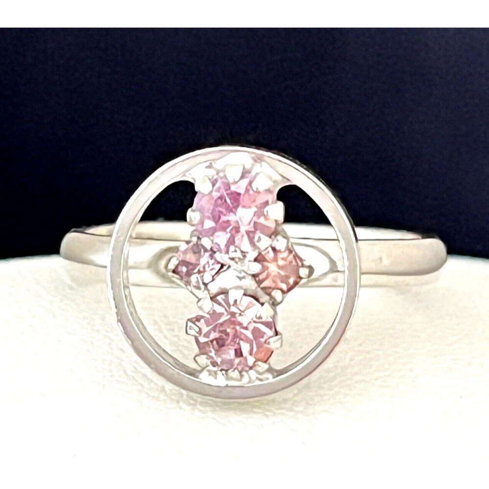 Vintage 1960s Mid Century Modern Cocktail Ring Pink Rhinestone Silver Tone - 4I